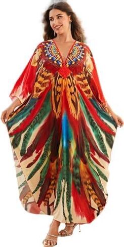 LOUSEA Women's Plus Size Swim Cover up Animals Print Caftan Dress Vneck Lightweight Kaftan Batwing Sleeve Beachwear Dress in Kuwait