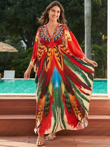 LOUSEA Women's Plus Size Swim Cover up Animals Print Caftan Dress Vneck Lightweight Kaftan Batwing Sleeve Beachwear Dress in Kuwait