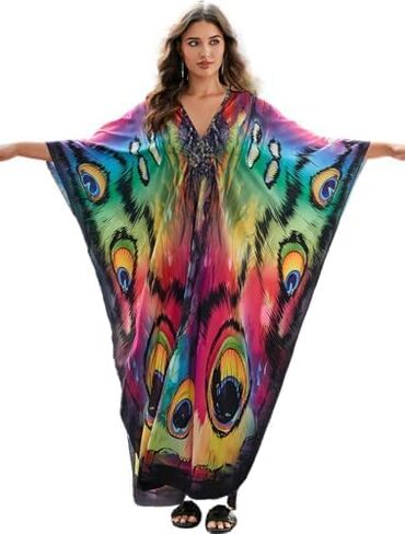 LOUSEA Women's Plus Size Swim Cover up Animals Print Caftan Dress Vneck Lightweight Kaftan Batwing Sleeve Beachwear Dress in Kuwait