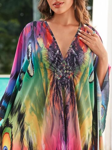 LOUSEA Women's Plus Size Swim Cover up Animals Print Caftan Dress Vneck Lightweight Kaftan Batwing Sleeve Beachwear Dress in Kuwait