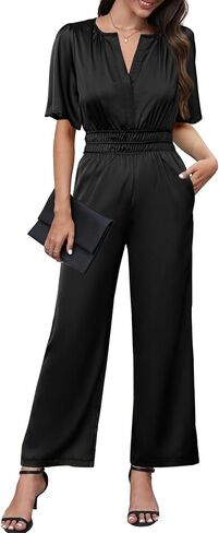Simplee Women's Short Sleeve Formal Jumpsuit Casual Dressy V Neck Empire Waist Elegant Satin Jumpsuits Rompers With Pockets in Saudi Arabia