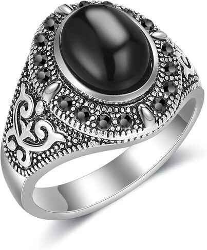 Black Onyx Stone Rings for Women Marcasite Vintage Cocktail Statement Rings Silver Chunky Crystal Antique Retro for victorians Jewelry Gift in Saudi Arabia