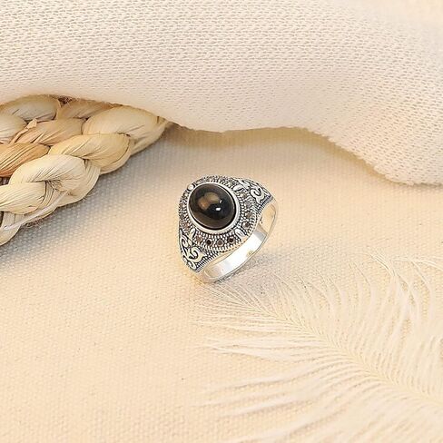 Black Onyx Stone Rings for Women Marcasite Vintage Cocktail Statement Rings Silver Chunky Crystal Antique Retro for victorians Jewelry Gift in Saudi Arabia