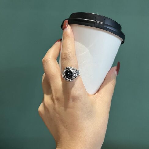 Black Onyx Stone Rings for Women Marcasite Vintage Cocktail Statement Rings Silver Chunky Crystal Antique Retro for victorians Jewelry Gift in Saudi Arabia