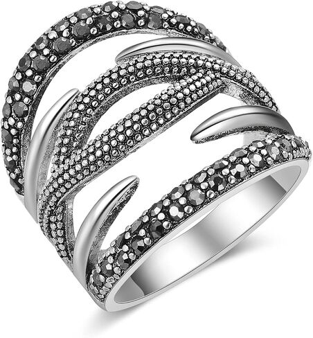 Black Onyx Stone Rings for Women Marcasite Vintage Cocktail Statement Rings Silver Chunky Crystal Antique Retro for victorians Jewelry Gift in Saudi Arabia
