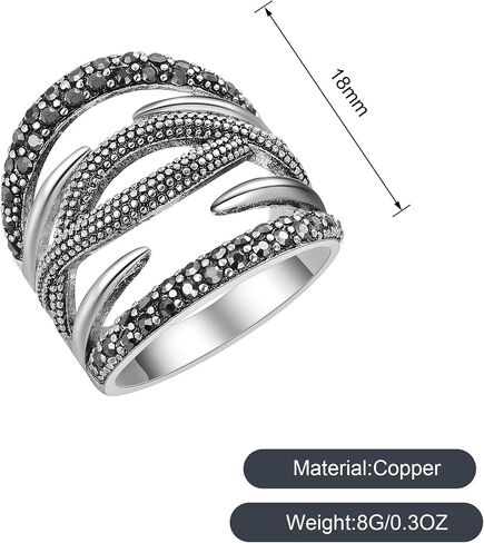 Black Onyx Stone Rings for Women Marcasite Vintage Cocktail Statement Rings Silver Chunky Crystal Antique Retro for victorians Jewelry Gift in Saudi Arabia