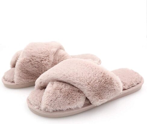 The Season Essentials U-slide Women’s Cross Band Soft Plush Fluffy Furry Fleece House Indoor or Outdoor Ladies’ Slide Slippers in Kuwait