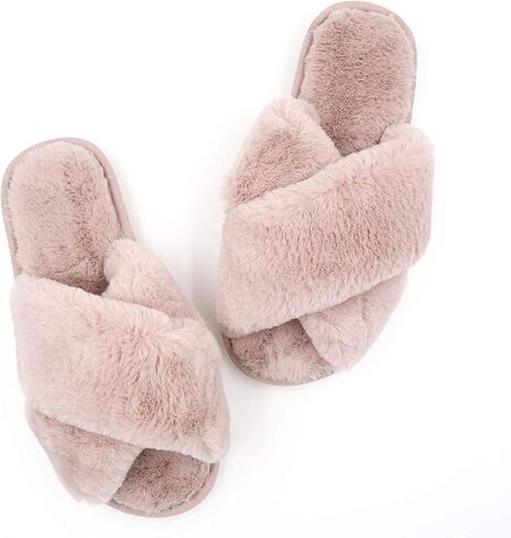 The Season Essentials U-slide Women’s Cross Band Soft Plush Fluffy Furry Fleece House Indoor or Outdoor Ladies’ Slide Slippers in Kuwait