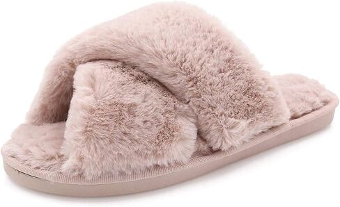 The Season Essentials U-slide Women’s Cross Band Soft Plush Fluffy Furry Fleece House Indoor or Outdoor Ladies’ Slide Slippers in Kuwait