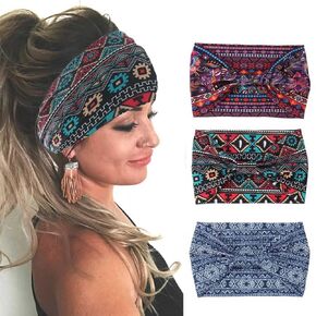 GORTIN 3 Pack Boho Wide Headbands African Turban Head Bands Leopard Stretch Knotted Head Wraps Floral Elastic Yaga Hair Bands Sweatbands Fashion Hair Accessory for Black Women and Girls