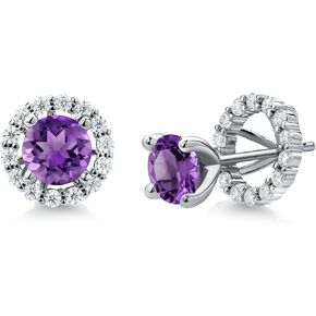 Gem Stone King 925 Sterling Silver 6MM Round Gemstone Birthstone and White Moissanite Removable Jacket Stud Halo Earrings For Women