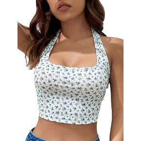 SOLY HUX Women's Floral Print Ribbed Knit Halter Backless Crop Top