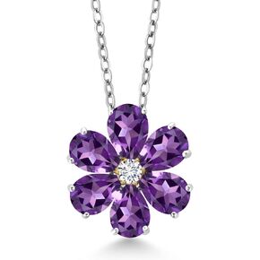 Gem Stone King 925 Sterling Silver and 10K Yellow Gold Gemstone Birthstone and Lab Grown Diamond Necklace | Pear Shape 6X4MM | Flower Pendant Necklace For Women | with 18 Inch Chain