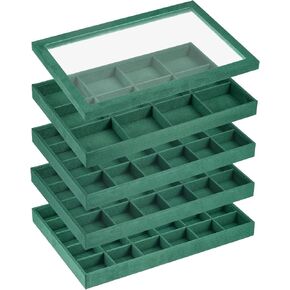 uxcell Jewelry Tray, 4Pcs - Stackable Jewelry Display Tray with Lid, Velvet Jewelry Organizer, Storage Box for Ring Earring Necklace Bracelet (Dark Green) in Kuwait