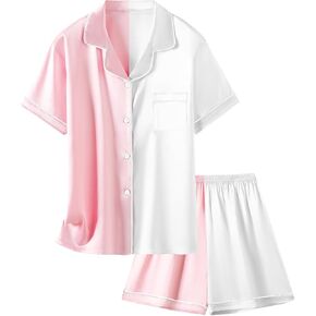 Schbbbta Girls Womens Pajamas, Satin Silky Pjs Set Kids 2Pcs Button-Down Nightwear Sleepwear Gift for Mommy and me