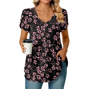 Bestbee Women's Dressy Chiffon Blouse Shirts Pleated Tunic Tops V Neck Petal Short Sleeve Casual T-Shirts 2024 Summer Tops in Kuwait