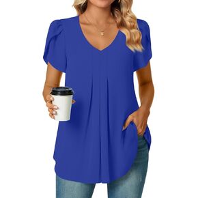 Bestbee Women's Dressy Chiffon Blouse Shirts Pleated Tunic Tops V Neck Petal Short Sleeve Casual T-Shirts 2024 Summer Tops