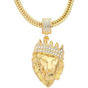 Hip Hop Jewelry Silver Crown Lion Head Pendant Iced Out Clear Rhinestones – Diamonds Prong Set - Curb Cuban Chain Stainless Steel Necklace
