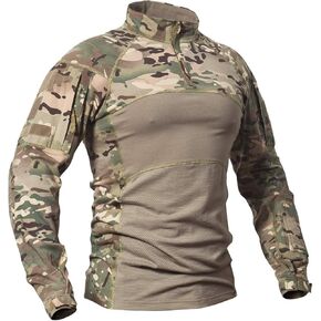 CARWORNIC Men's Tactical Military Combat Shirt Long Sleeve Cotton Camo T Shirt with Zipper