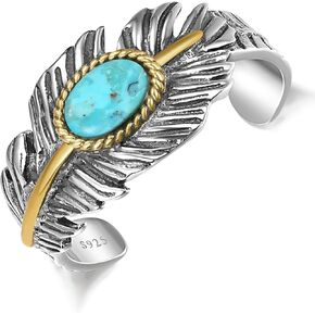 Turquoise Feather Ring 925 Sterling Silver Adjustable Open Rings for Women Vintage Statement Feather Rings Western Jewelry Valentine's Day Birthday Gift Size 6 to 10