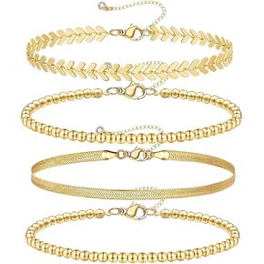 Gold Beaded Bracelet for Women 14K Real Gold Plated Bracelets Stackable Beaded Ball Bracelet Valentine's Day Jewelry Gift Adjustable Extension Chain-4PCK