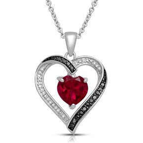Jewelili Sterling Silver Pendant Necklace with 8mm Heart Created Ruby or Blue Sapphire or White Sapphire with Treated Black & Natural White Round Diamonds, 1/10 cttw, 18" Rolo Chain