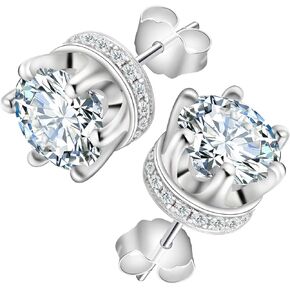 4.5CT Genuine Moissanite Solitaire Crown Stud Earrings for Women，D Color VVS1 Round Cut Simulated Diamond Flat Back Hidden Halo Earrings S925 Sterling Silver 18K White Gold Plated Gemstone Jewelry