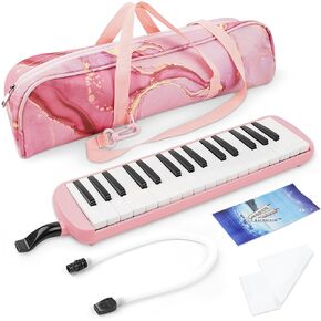 32 Keys Melodica Instrument, Soprano Melodica Air Piano Keyboard Pianica with 2 Soft Long Tubes, 2 Short Mouthpieces and Carrying Bag(6-Pink)