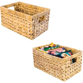 Water Hyacinth Storage Baskets, Wicker Storage Basket with Handles, Woven Baskets for Storage, Pantry Storage Baskets for Kitchen Organizers and Storage Pantry (2 Packs Medium)