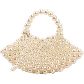 CREHNIL White Pearl Clutch Purse Bag For Women Evening Handbags Cute Kiss Lock Crossbody Handle Beaded Purses