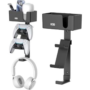 KDD 4-in-1 Wall Mount Controller Holder - Dual Controller and Headphone Hanger with Anti-Slip Pads - Detachable Desk Storage for Media Remote, Phone and Speaker