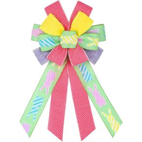 LANGFON Easter Wreath Bows, 4 Colors Green Yellow Red Strips Rabbits Burlap Bows for Wreaths - Easter Spots Burlap Tree Topper Bows for Holiday Front Door Wreath Decorations Indoor Outdoor