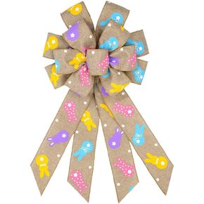 LANGFON Easter Wreath Bows, 4 Colors Green Yellow Red Strips Rabbits Burlap Bows for Wreaths - Easter Spots Burlap Tree Topper Bows for Holiday Front Door Wreath Decorations Indoor Outdoor