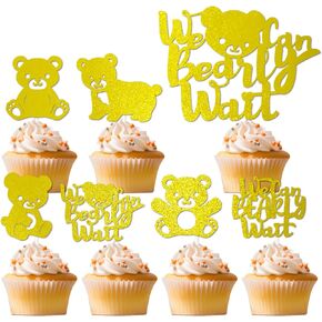 25 PCS We Can Bearly Wait Cake Topper Glitter Teddy Theme Bear CupCake Decorations for Baby Shower Party Supplies Decorations (25 Bearly Toppers)