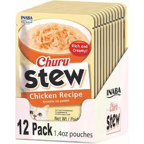 INABA Churu Stew Creamy Lickable Purée with Shredded Chicken Topper/Treat Pouch for Cats with Vitamin E, 1.4 Ounces per Pouch, 16.8 Ounces Total (12 Servings), Chicken & Tuna Recipe