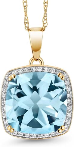 Gem Stone King Solid 10K Gold 12MM Cushion Cut Gemstone Birthstone and White Created Sapphire Halo Pendant Necklace | Gold Necklace For Women | With 18 Inch Gold Chain in Saudi Arabia