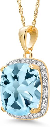 Gem Stone King Solid 10K Gold 12MM Cushion Cut Gemstone Birthstone and White Created Sapphire Halo Pendant Necklace | Gold Necklace For Women | With 18 Inch Gold Chain in Saudi Arabia