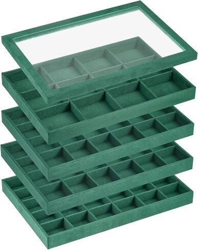 uxcell Jewelry Tray, 4Pcs - Stackable Jewelry Display Tray with Lid, Velvet Jewelry Organizer, Storage Box for Ring Earring Necklace Bracelet (Dark Green) in Kuwait