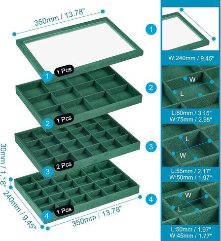uxcell Jewelry Tray, 4Pcs - Stackable Jewelry Display Tray with Lid, Velvet Jewelry Organizer, Storage Box for Ring Earring Necklace Bracelet (Dark Green) in Kuwait