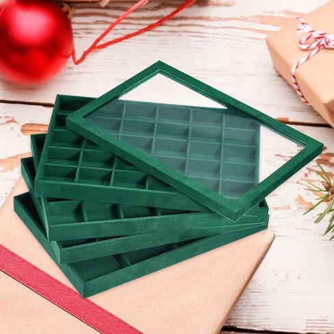 uxcell Jewelry Tray, 4Pcs - Stackable Jewelry Display Tray with Lid, Velvet Jewelry Organizer, Storage Box for Ring Earring Necklace Bracelet (Dark Green) in Kuwait