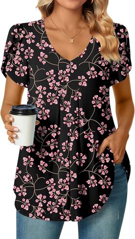 Bestbee Women's Dressy Chiffon Blouse Shirts Pleated Tunic Tops V Neck Petal Short Sleeve Casual T-Shirts 2024 Summer Tops in Kuwait