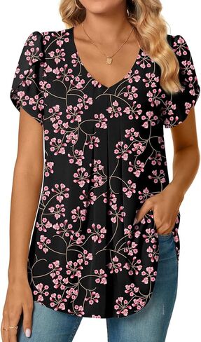 Bestbee Women's Dressy Chiffon Blouse Shirts Pleated Tunic Tops V Neck Petal Short Sleeve Casual T-Shirts 2024 Summer Tops in Kuwait