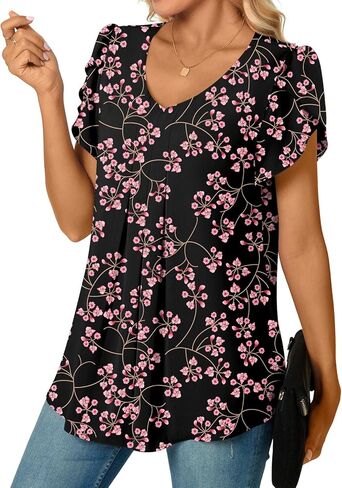 Bestbee Women's Dressy Chiffon Blouse Shirts Pleated Tunic Tops V Neck Petal Short Sleeve Casual T-Shirts 2024 Summer Tops in Kuwait
