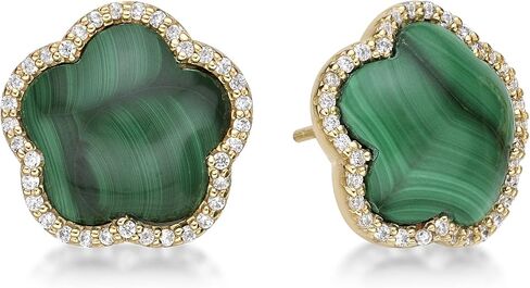 Lavari Jewelers Five Petal Flower Stud Earrings for Women - Black Onyx Green Malachite Mother of Pearl or Pink Quartz & Cubic Zirconia in 925 Sterling Silver - Hypoallergenic Gold Plated - Push Back in Saudi Arabia