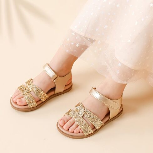 صنادل للفتيات من DREAM PAIRS، صنادل مسطحة للأميرات مفتوحة من الأمام، أحذية صيفية للأطفال الصغار/الأطفال الصغار in Saudi Arabia
