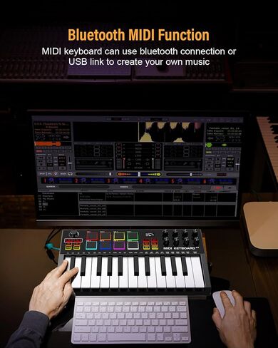 MIDI Keyboard Controller, 25 Key Rechargeable MIDI Keyboard with 8 Backlit Drum Pads, 8 Knobs, OLED Display, DAW Integration, MIDI Controller for Music Production in Saudi Arabia