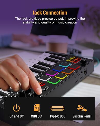 MIDI Keyboard Controller, 25 Key Rechargeable MIDI Keyboard with 8 Backlit Drum Pads, 8 Knobs, OLED Display, DAW Integration, MIDI Controller for Music Production in Saudi Arabia