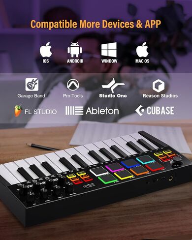 MIDI Keyboard Controller, 25 Key Rechargeable MIDI Keyboard with 8 Backlit Drum Pads, 8 Knobs, OLED Display, DAW Integration, MIDI Controller for Music Production in Saudi Arabia