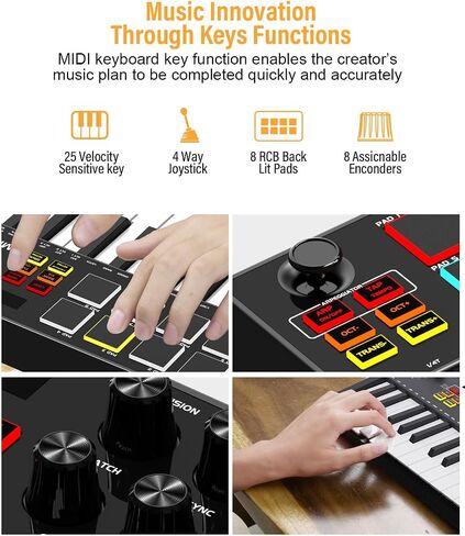 MIDI Keyboard Controller, 25 Key Rechargeable MIDI Keyboard with 8 Backlit Drum Pads, 8 Knobs, OLED Display, DAW Integration, MIDI Controller for Music Production in Saudi Arabia