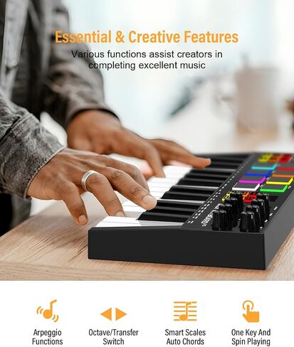 MIDI Keyboard Controller, 25 Key Rechargeable MIDI Keyboard with 8 Backlit Drum Pads, 8 Knobs, OLED Display, DAW Integration, MIDI Controller for Music Production in Saudi Arabia